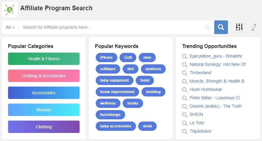 Affiliate program search tool Wealthy Affiliate