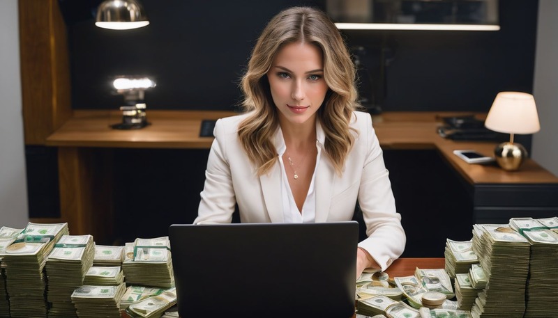 lady working on laptop with lots of money on table